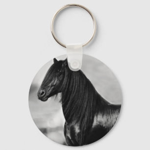 Proud Friesian black stallion horse Keychain