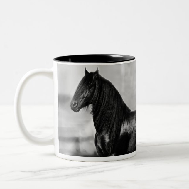 Proud Friesian black stallion horse Two-Tone Coffee Mug (Left)
