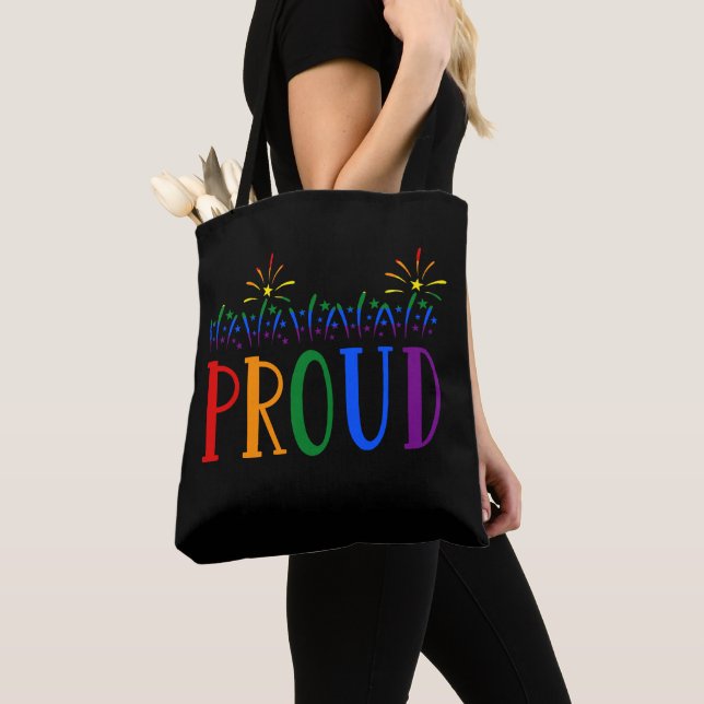 PROUD Gay Pride LGBT Fireworks Black Tote Bag (Close Up)