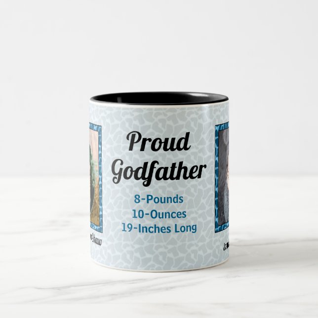 Proud Godfather New Baby Blue Giraffe Photo Two-Tone Coffee Mug (Center)