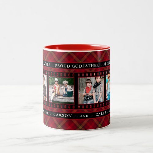 Proud GODFATHER Red Tartan Plaid 4 Photo Two_Tone Coffee Mug