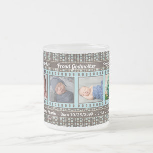 Proud Godmother Aqua and Brown 4 Photo Frosted Glass Coffee Mug