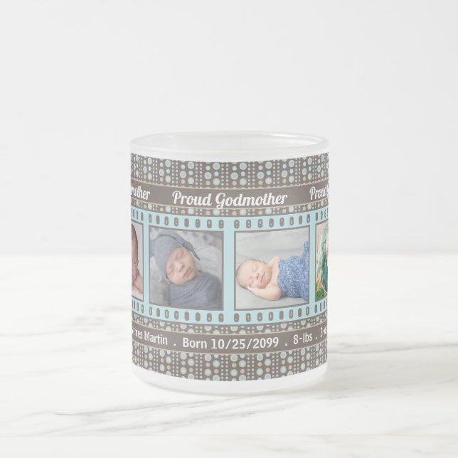 Proud Godmother Aqua and Brown 4 Photo Frosted Glass Coffee Mug (Center)