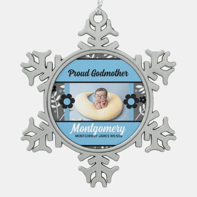 Proud Godmother Blue Christmas Photo Snowflake Pewter Christmas Ornament (Front)
