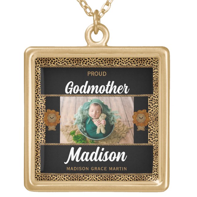 Proud Godmother Cheetah Print Photo Gold Plated Necklace (Front)