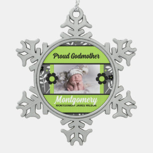 Proud Godmother Green and Gray Photo Snowflake Pewter Christmas Ornament