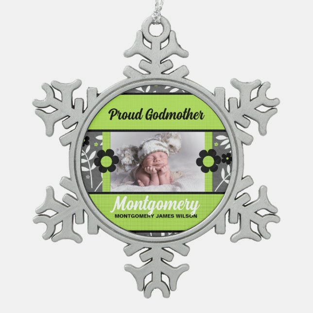 Proud Godmother Green and Gray Photo Snowflake Pewter Christmas Ornament (Front)