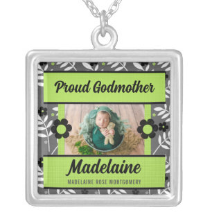 Proud Godmother Green Floral Baby Photo Silver Plated Necklace