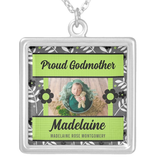 Proud Godmother Green Floral Baby Photo Silver Plated Necklace (Front)