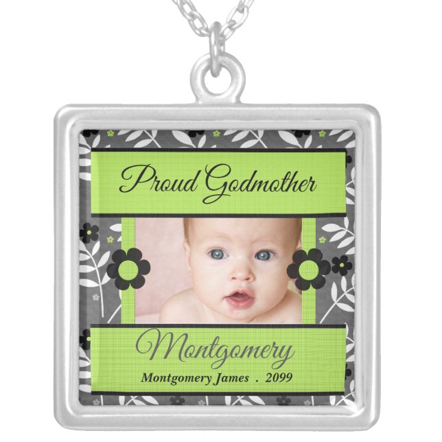 Proud Godmother Green Retro Photo Silver Plated Necklace (Front)