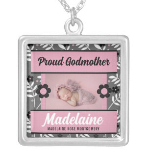 Proud Godmother It's a Girl Pink Photo Silver Plated Necklace