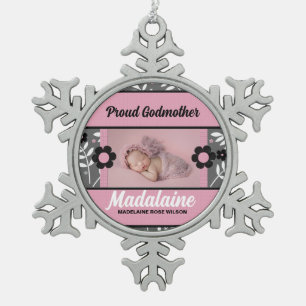 Proud Godmother Pink Retro Photo Snowflake Pewter Christmas Ornament
