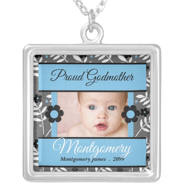 Proud Godmother Retro Blue Photo Silver Plated Necklace (Front)