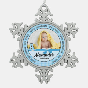 Proud Godparents Blue Checks and Monogram A Snowflake Pewter Christmas Ornament