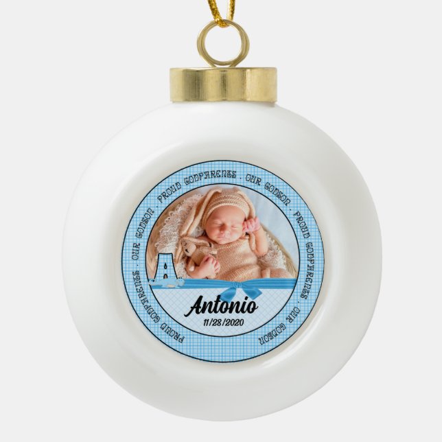 Proud Godparents Blue Monogram A Ceramic Ball Christmas Ornament (Front)