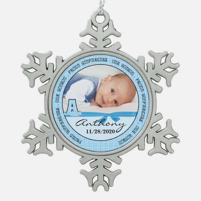 Proud Godparents In Blue Checks And Monogram A Snowflake