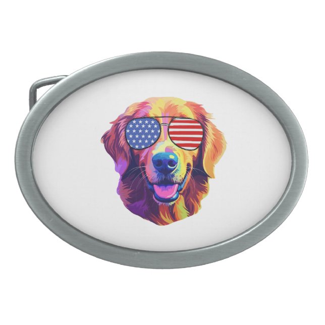 Proud Golden Retriever American Flag sunglasses Belt Buckle (Front)