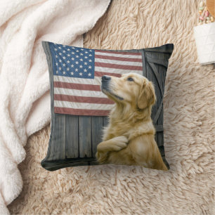 Proud Golden Retriever With American Flag Throw Pillow