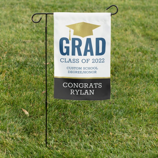 Proud Grad Modern Blue Gold Photo Yard Sign (In SItu)