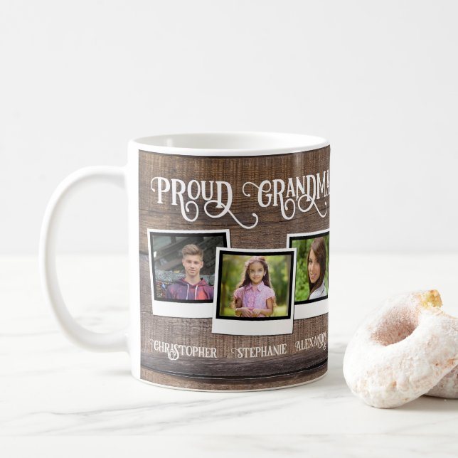 Proud Grandma 3 Photo Snapshot Mother's Day Coffee Mug (With Donut)