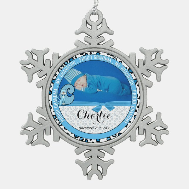 Proud Grandma Baby Blue Monogram C for Cat Snowflake Pewter Christmas Ornament (Front)