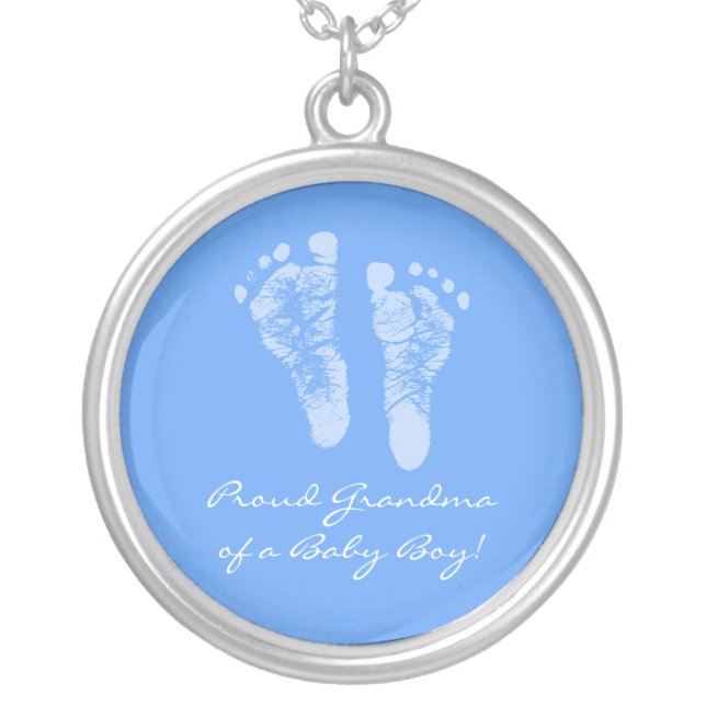 Proud Grandma of a Baby Boy Blue Footprints Silver Plated Necklace (Front)