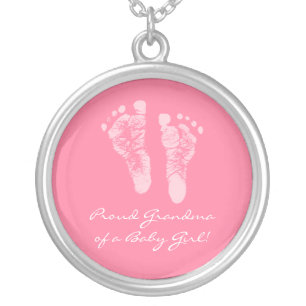Proud Grandma of a Baby Girl Pink Footprints Silver Plated Necklace