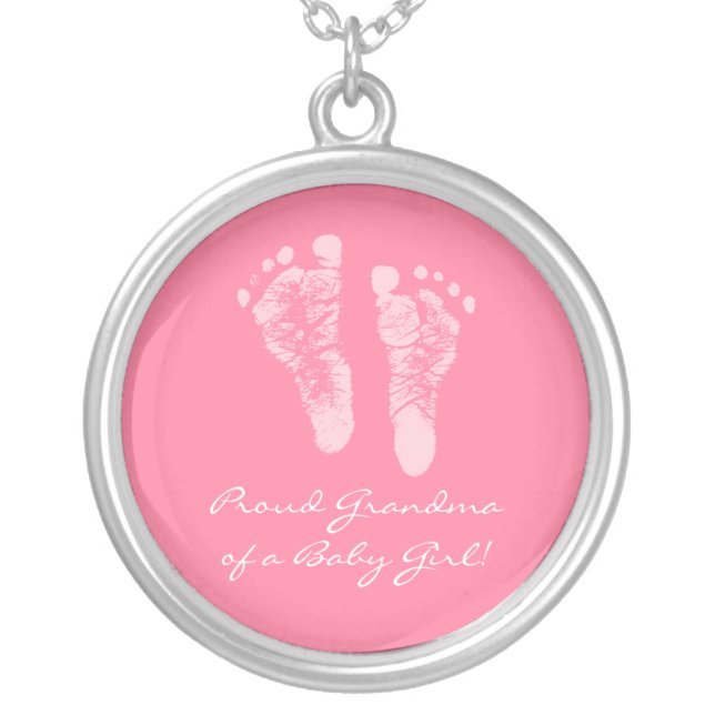 Proud Grandma of a Baby Girl Pink Footprints Silver Plated Necklace (Front)