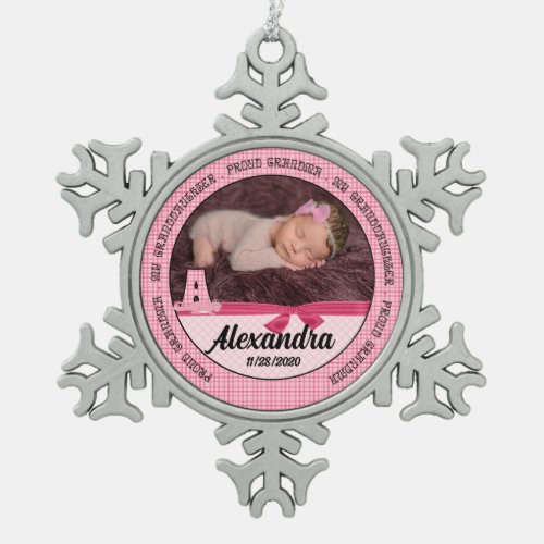 Proud Grandma Pink New Baby Monogoram Snowflake Pewter Christmas Ornament