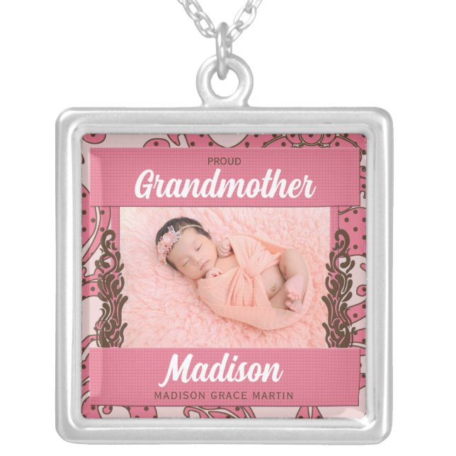 Proud Grandmother Baby Pink and Brown Photo Silver Plated Necklace (Front)