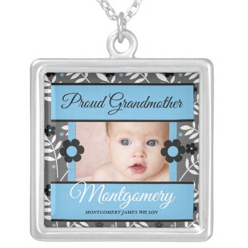 Proud Grandmother Retro Blue Photo Silver Plated Necklace