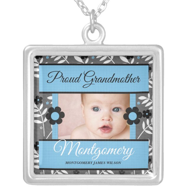 Proud Grandmother Retro Blue Photo Silver Plated Necklace (Front)