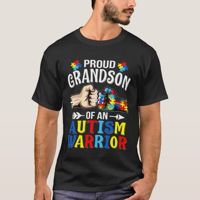 Proud Grandson Of An Autism Warrior Autistic Aware T-Shirt (Front)