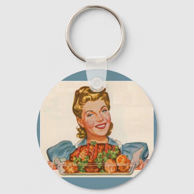 proud housewife with her dinner creation keychain (Front)