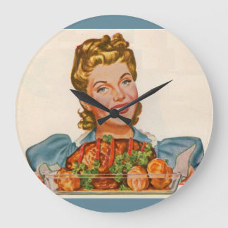 proud housewife with her dinner creation large clock