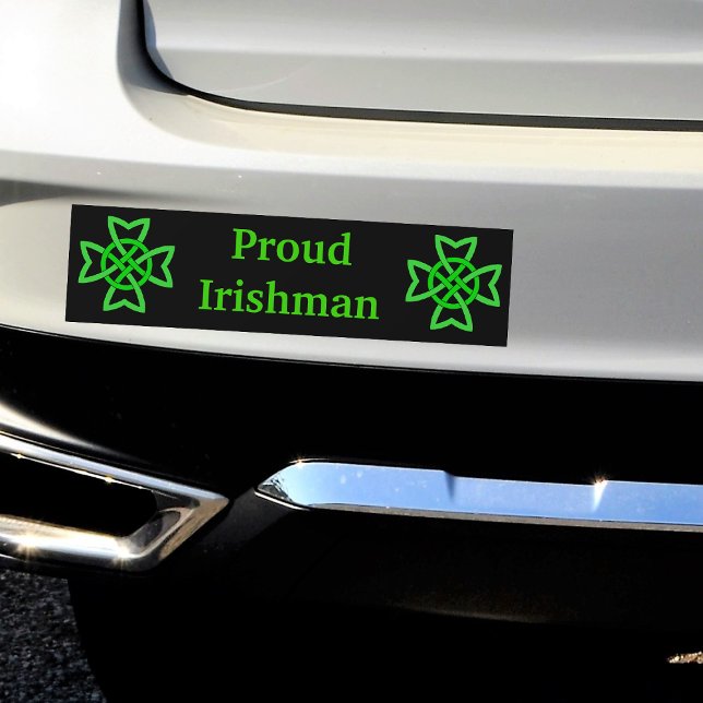 Proud Irishman Green Celtic Knots Bumper Sticker (Bright green Irish Celtic knots on black Proud Irishman bumper sticker for your car.)