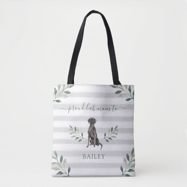 Proud Labrador Mom | Botanical Leaves and Stripes Tote Bag (Front)