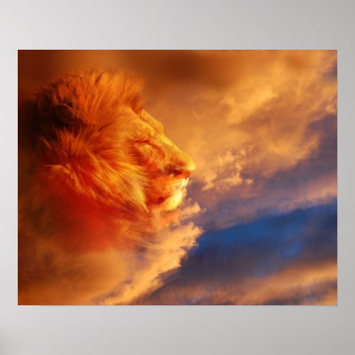 Proud lion face in sunset clouds poster