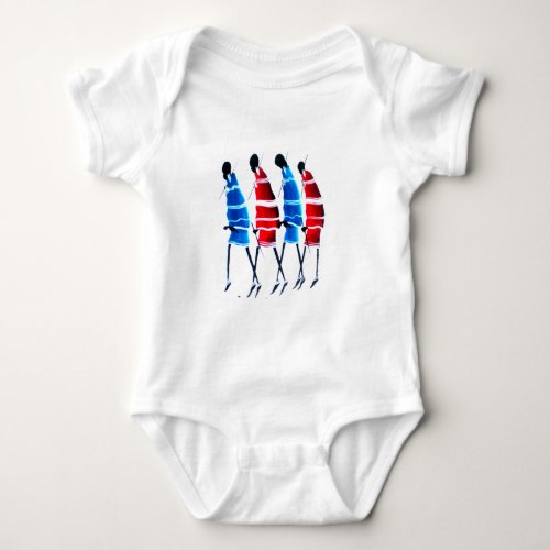 Proud Maasai Morans Striding Tall in Blue and Red Baby Bodysuit