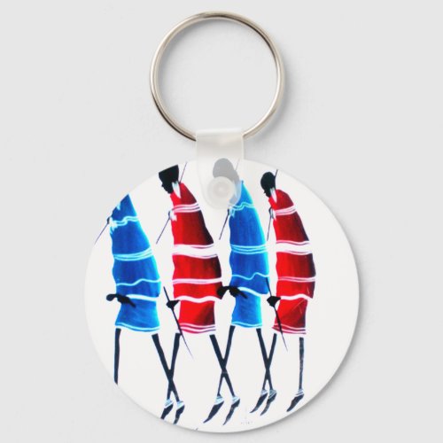 Proud Maasai Morans Striding Tall in Blue and Red Keychain