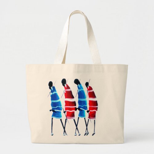 Proud Maasai Morans Striding Tall in Blue and Red Large Tote Bag