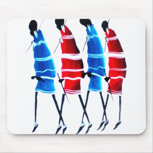 Proud Maasai Morans Striding Tall in Blue and Red Mouse Pad