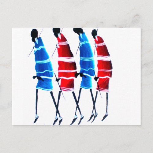 Proud Maasai Morans Striding Tall in Blue and Red Postcard