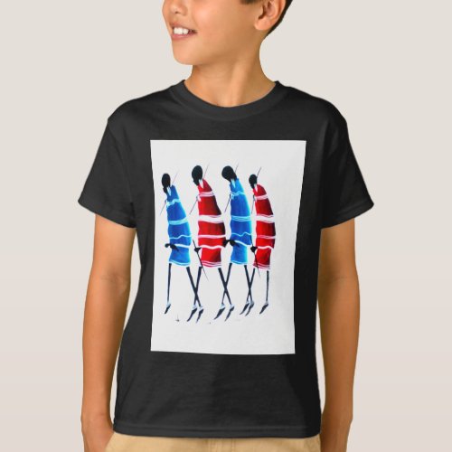Proud Maasai Morans Striding Tall in Blue and Red T_Shirt