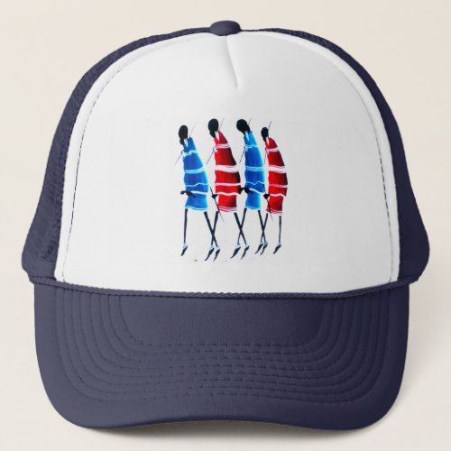 Proud Maasai Morans Striding Tall in Blue and Red Trucker Hat