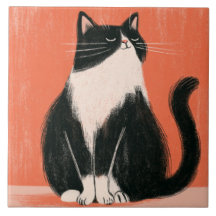 Proud Minimalist Tuxedo Cat on Orange