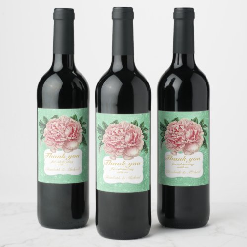 Proud Mint Green Blush Pink Gold Flower THANK YOU Wine Label