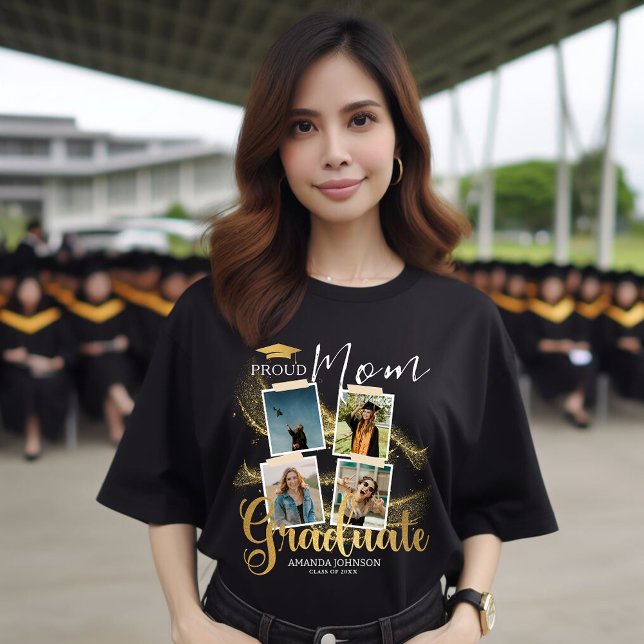 Proud Mom Gold Graduate Photo Collage Graduation  T-Shirt (Creator Uploaded)