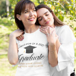Proud Mom Graduation Custom School Class Name T-Shirt<br><div class="desc">Proud mom of a 2024 graduate. Classy custom high school or college graduation t-shirt for the mother of the graduate student. Personalize with your graduating child's name and school under the black grad cap. Elegant gold typography for a parent.</div>