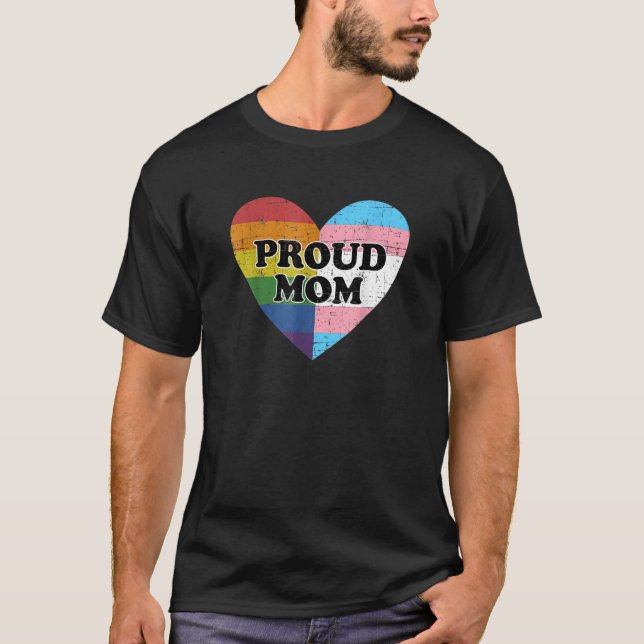 Proud Mom Heart rainbow and transgender flag lgbt  T-Shirt (Front)